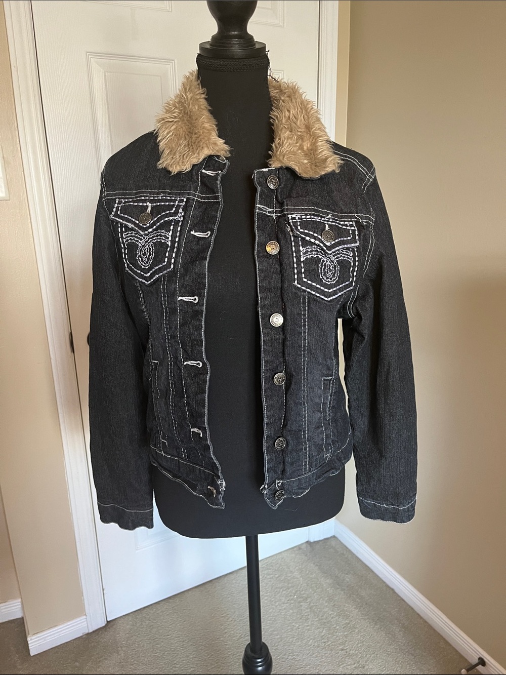 Denim Jacket with Faux Fur Collar and Lining- Black